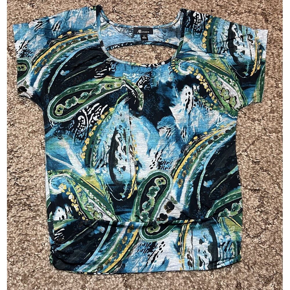 AB Studio Shirt‎ Womens Small Blue Green Black Abstract Print Artsy Colorful